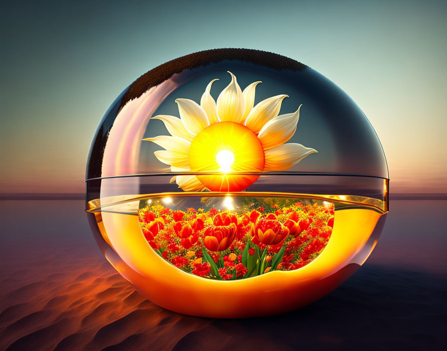 Surreal glass sphere with sunflower, tulips, and sunset on sandy surface