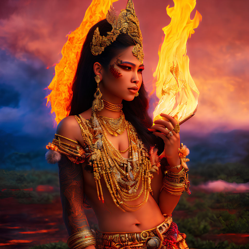 Elaborately adorned woman in traditional attire holding flaming torch at sunset