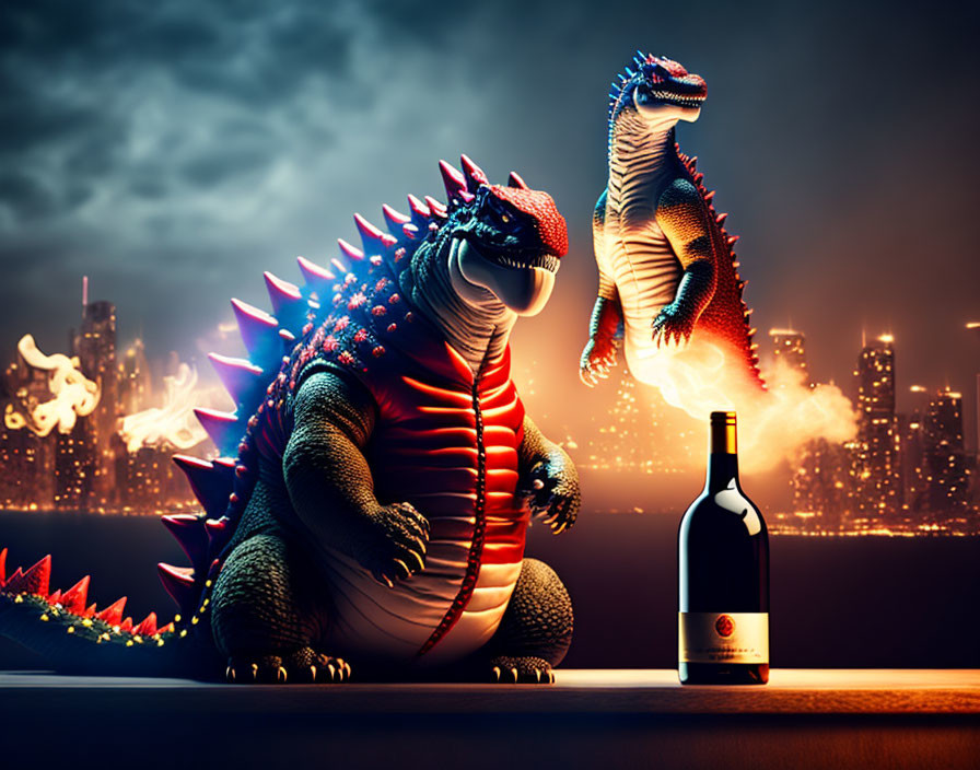 Animated dinosaurs resembling Godzilla sit across from each other in cityscape setting with smoke and wine bottle.