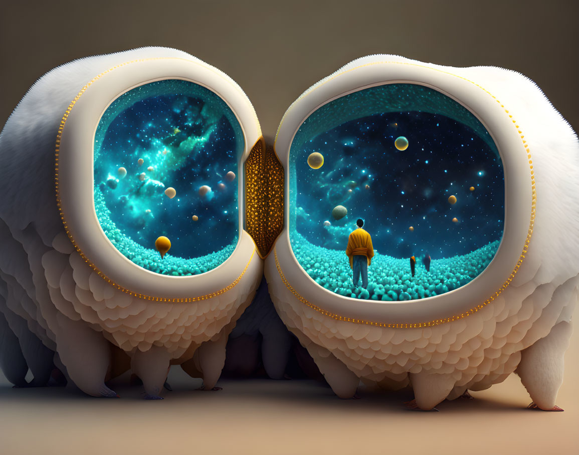 Stylized sheep with cosmic landscapes in their wool face off under starry sky
