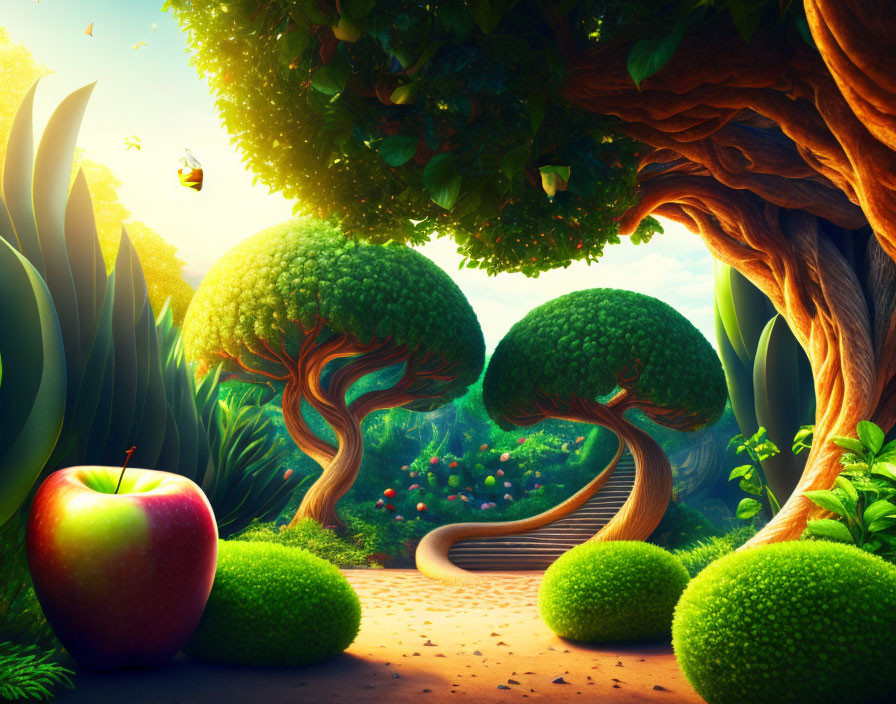 Colorful fantasy landscape with whimsical trees and oversized red apple under a bright sky