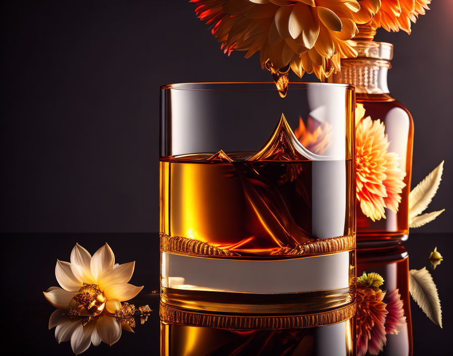 Whiskey glass with splash, bottle, and orange flowers on dark background
