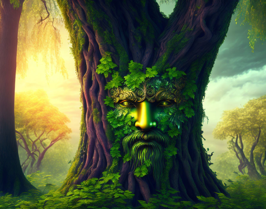Enchanted forest tree with human-like face emitting green glow
