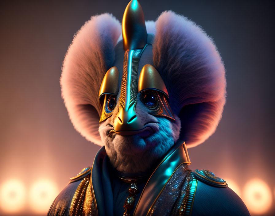 Anthropomorphic mandrill in golden armor with feathered headdress under warm light