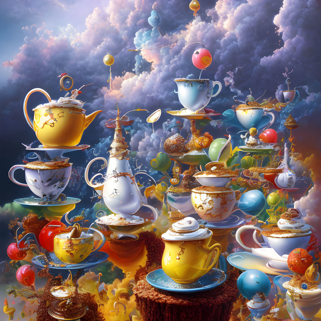 Whimsical floating teapots and cups in dreamlike cloudscape
