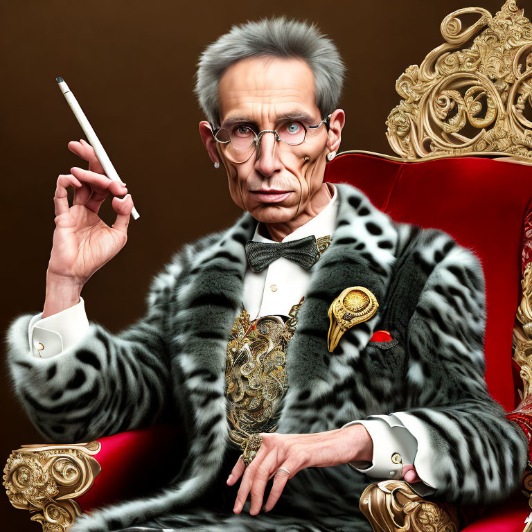 Sophisticated man with glasses in fur coat on ornate chair