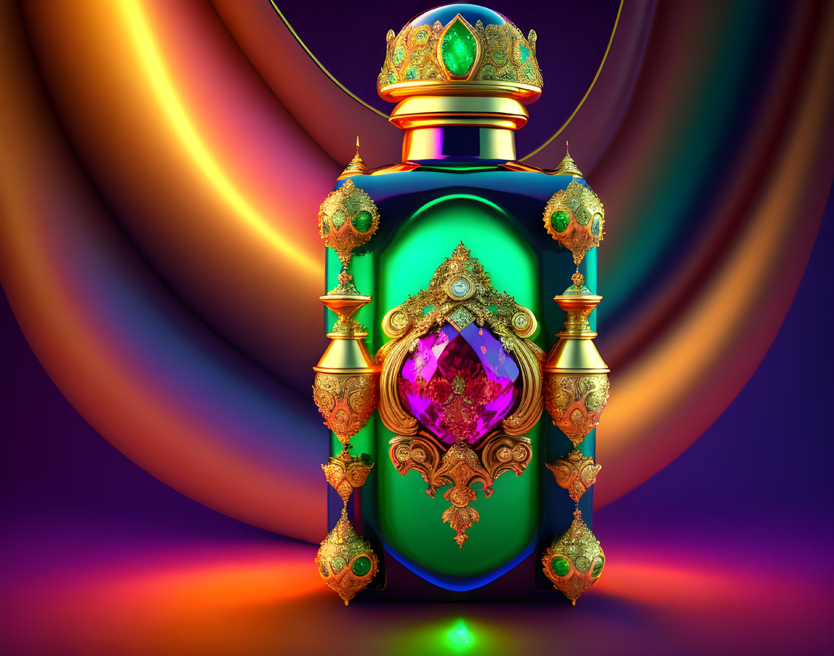Regal perfume bottle 3D illustration with gold filigree and purple gem