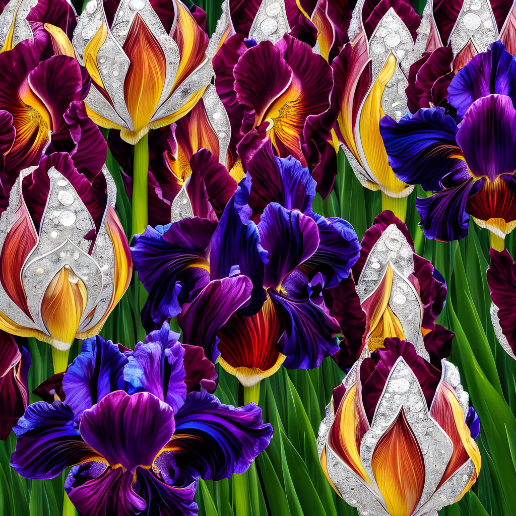 Multicolored Iris Flowers in Vibrant Hues on Green Foliage