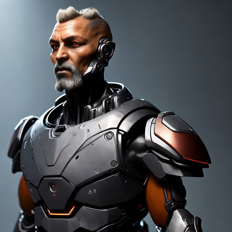 Male humanoid character with grizzled beard in futuristic black and orange robotic armor.