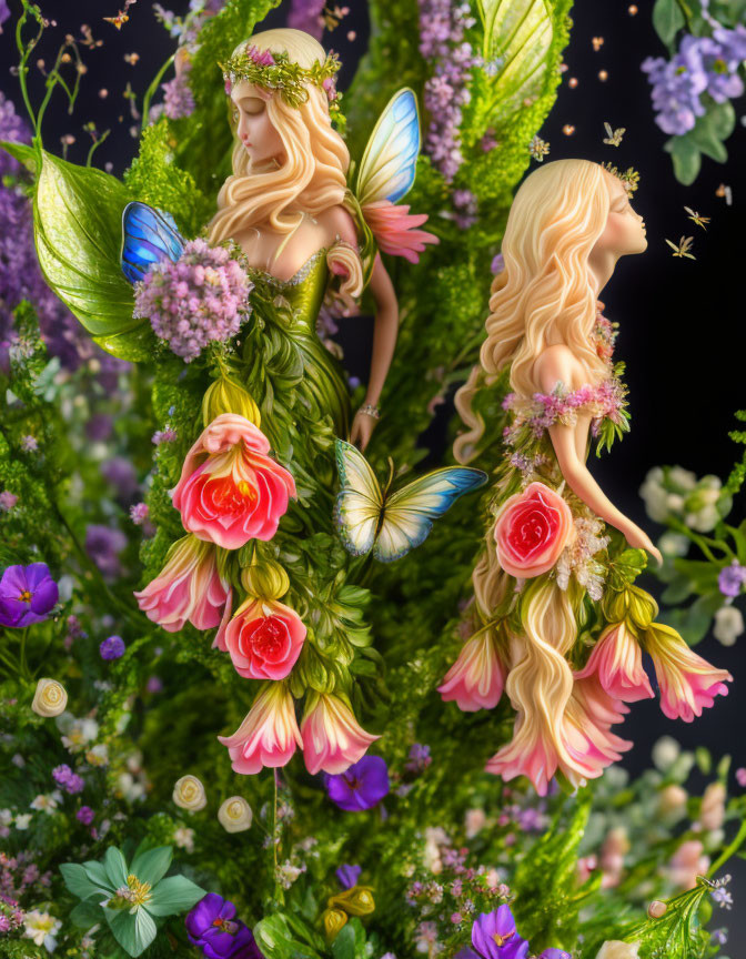 Ethereal fairies with delicate wings in vibrant floral setting