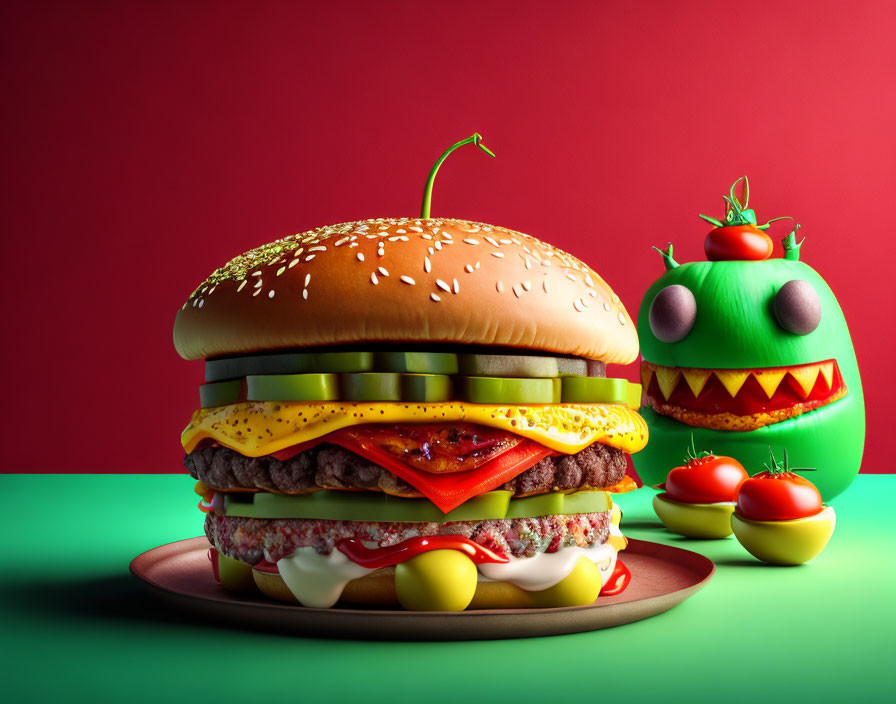 Stylized large cheeseburger with animated tomatoes on red and green background