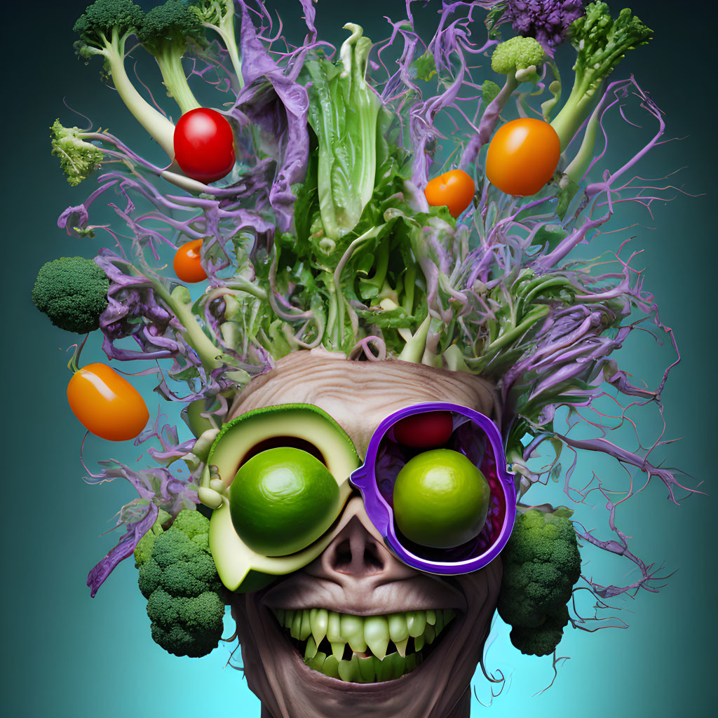 Character's head explodes with vegetables and funky sunglasses