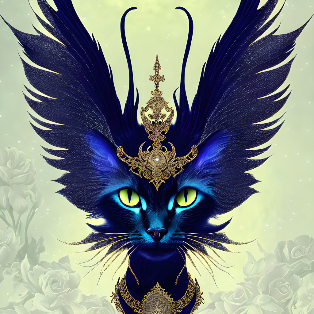 Blue cat with feathers, green eyes, and golden headpiece on cream background with roses