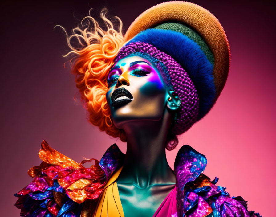 Colorful portrait with flamboyant makeup and clothing on pink backdrop
