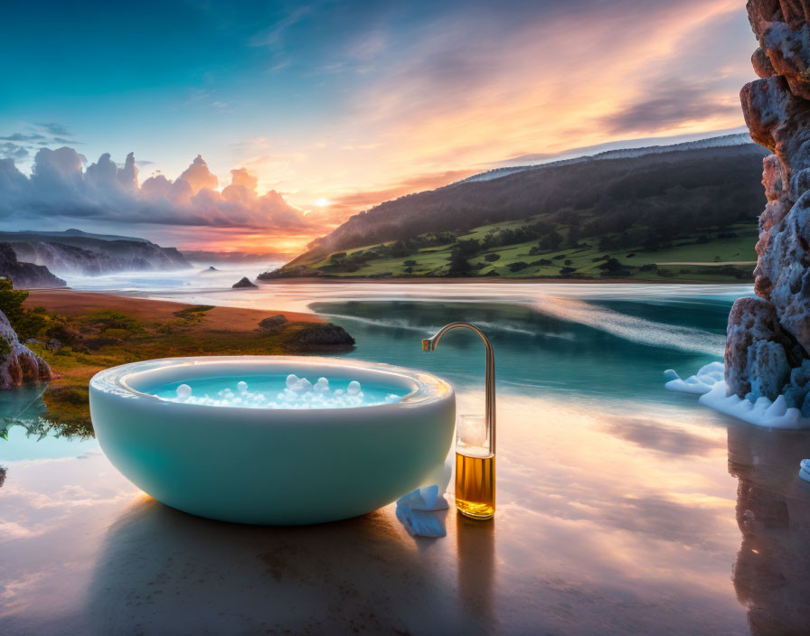 Bathtub with bubbles against surreal landscape with hills, lake, beach, and sunset sky