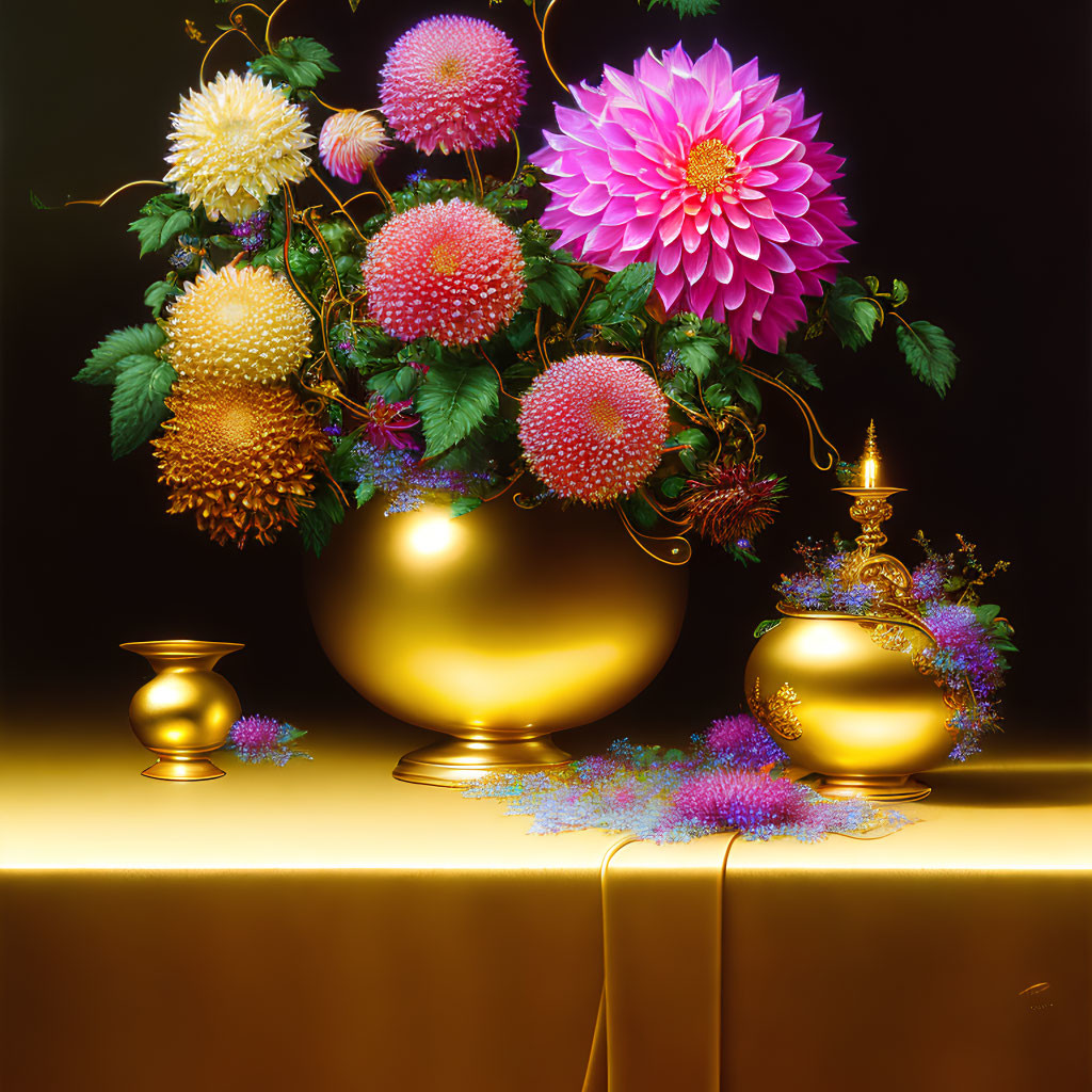 Vibrant flowers in golden vase with pot and cup on draped cloth