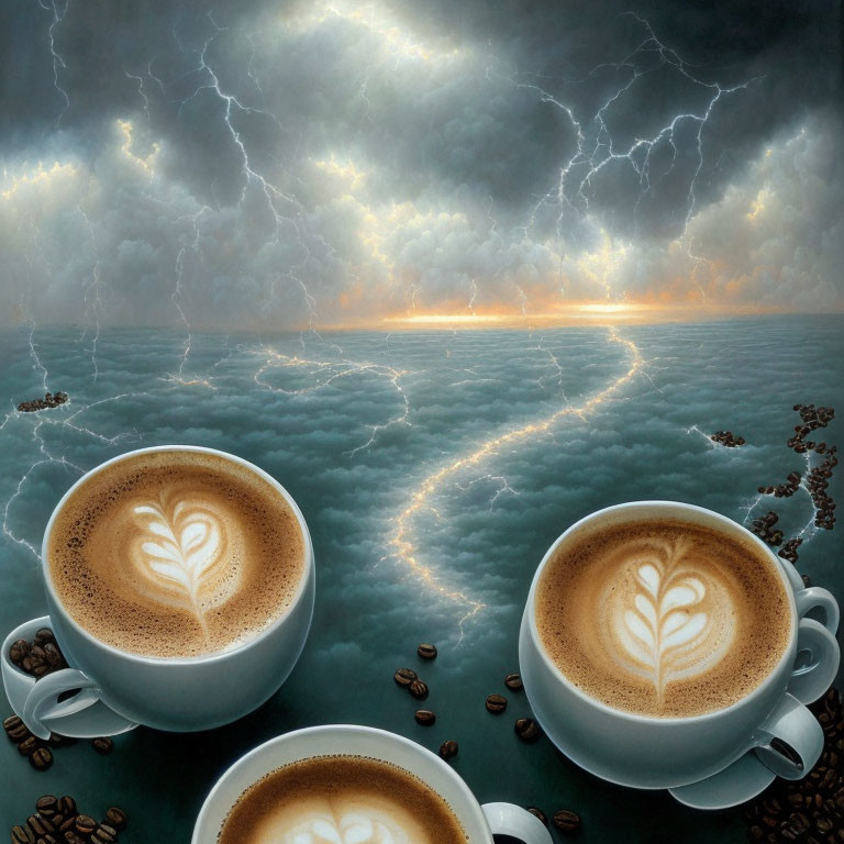 Artful foam on two coffee cups on coffee beans with surreal sea and stormy sky.