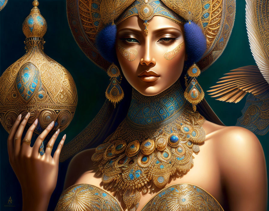 Digital artwork: Woman with golden jewelry, headdress, intricate patterns, blue feathers, and majestic aura