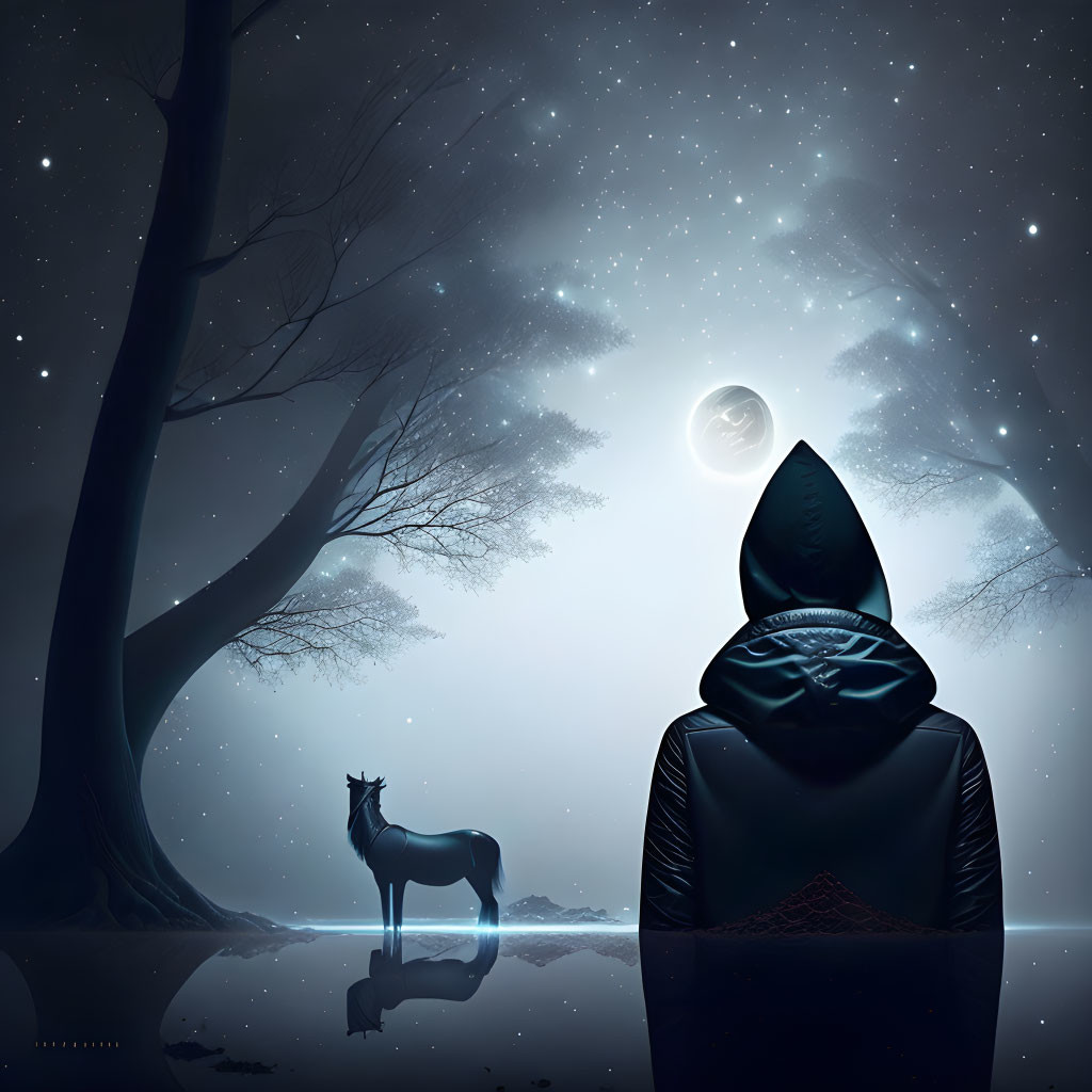 Cloaked Figure Contemplates Wolf by Tranquil Lake at Night