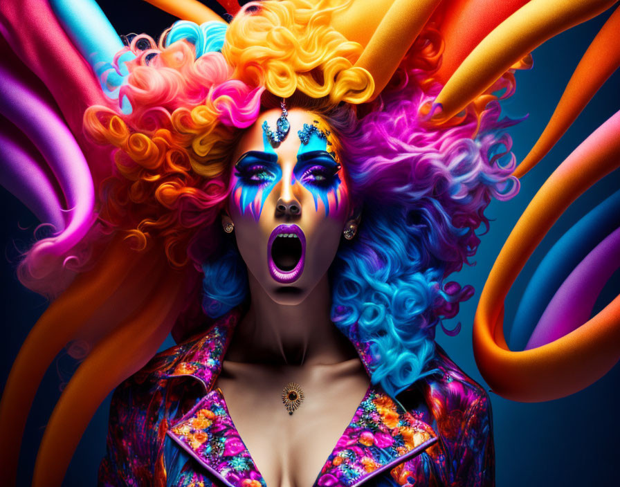 Colorful Portrait with Exaggerated Makeup and Hairstyle on Dark Background