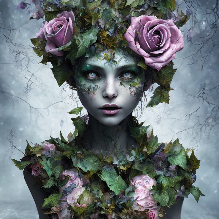 Fantastical portrait of figure with leafy adornments and roses, pale skin, greenish hues