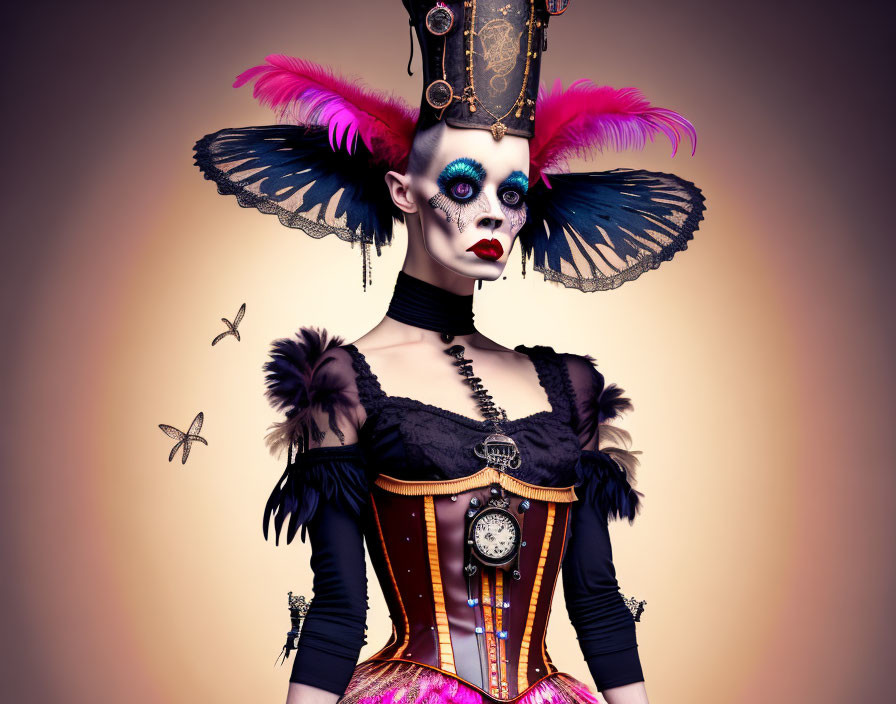 Surreal gothic steampunk woman with dramatic makeup and feathered headdress.