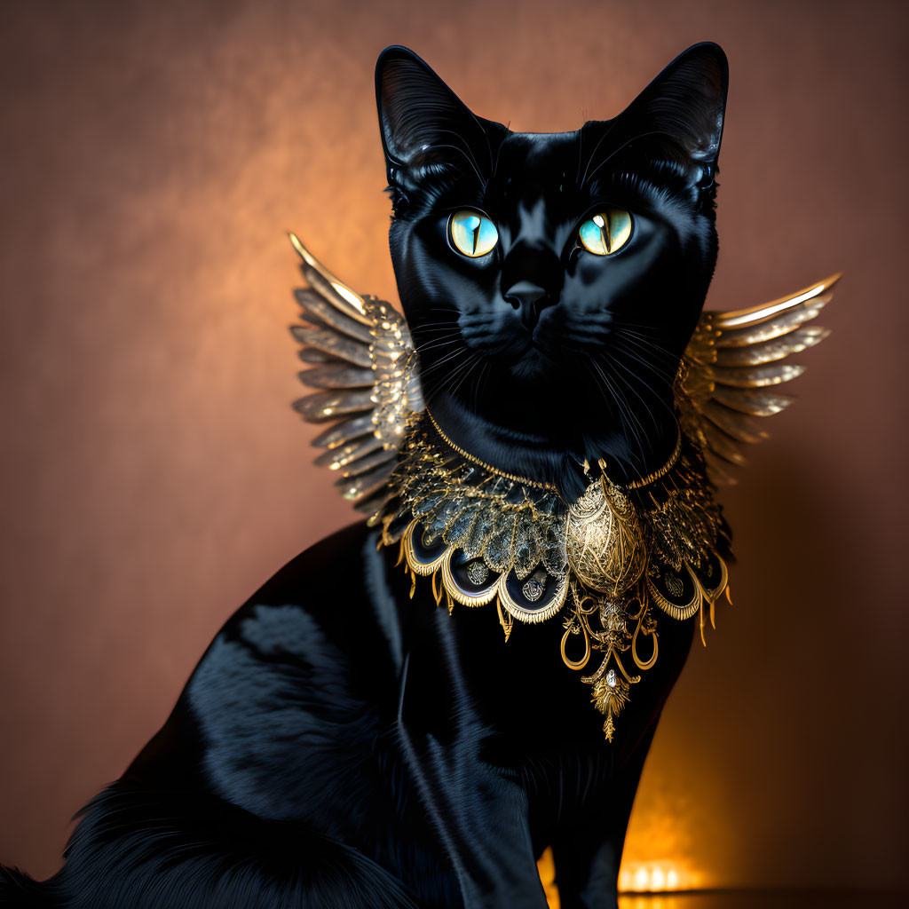 Black Cat with Blue Eyes and Golden Wings on Amber Background