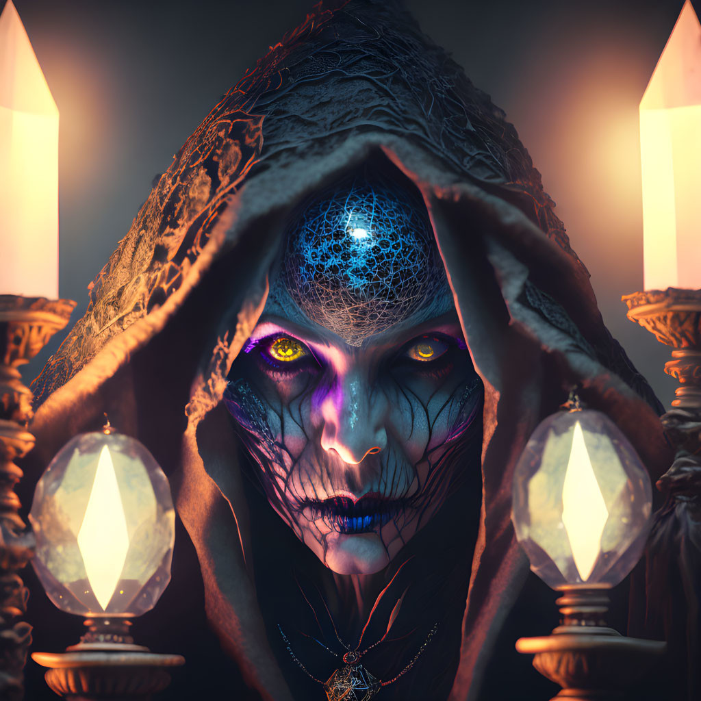 Mystical hooded figure with glowing eyes and face markings surrounded by candlelit crystals.