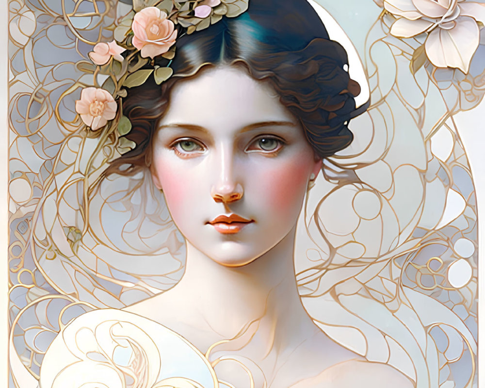 Woman with Floral Hair in Golden Art Nouveau Design