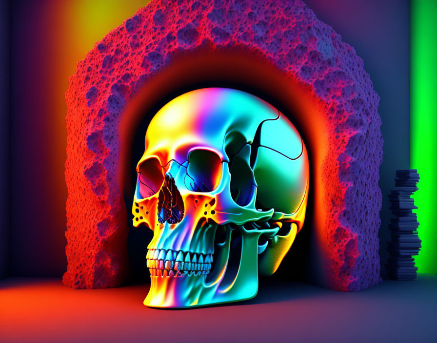 Multicolored neon-lit skull with archway and books on dark backdrop