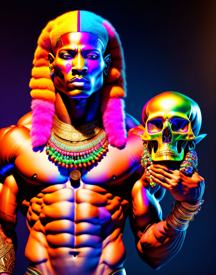 Stylized digital artwork of muscular man with Egyptian features and traditional attire holding a decorated skull