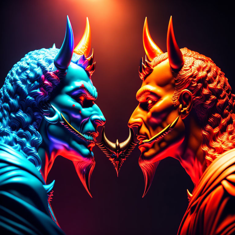 Vibrant demonic figures with horns against dark background