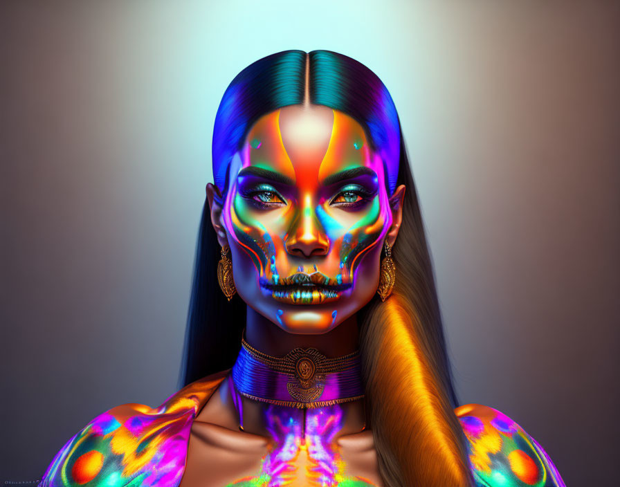 Vibrant digital artwork: Woman with iridescent skin tones, vibrant makeup, golden earrings