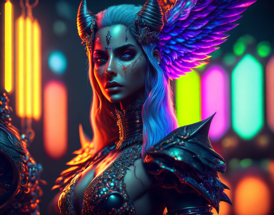 Fantasy creature with horns and winged ears in intricate armor poses with neon lights.