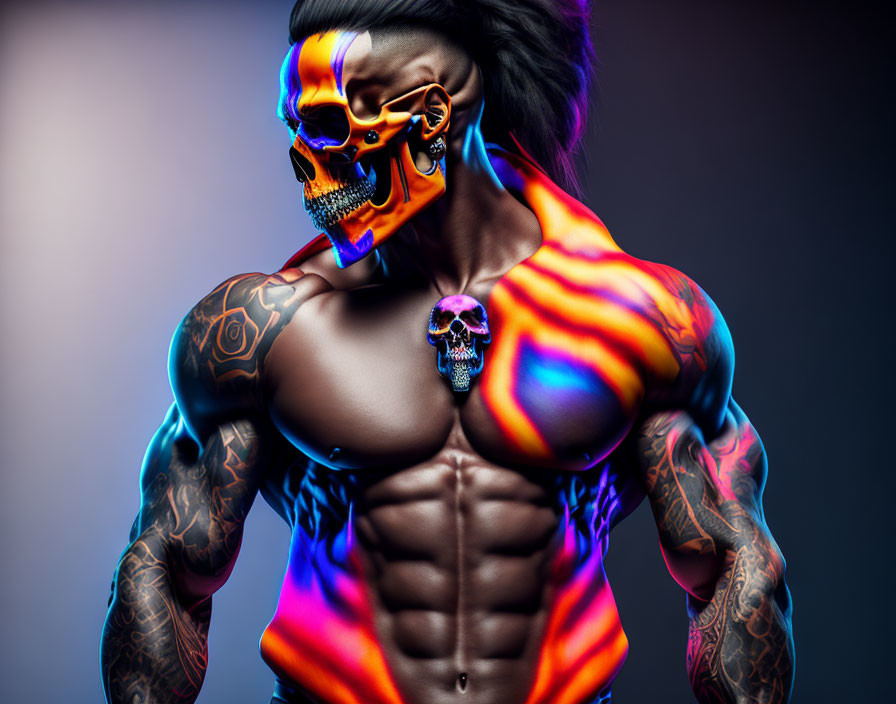 Muscular person with skull face paint, colorful body art, and tattoos against grey background