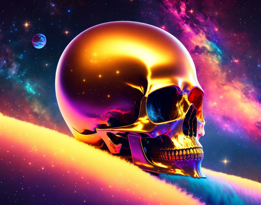 Colorful cosmic scene with reflective sphere and surreal elements