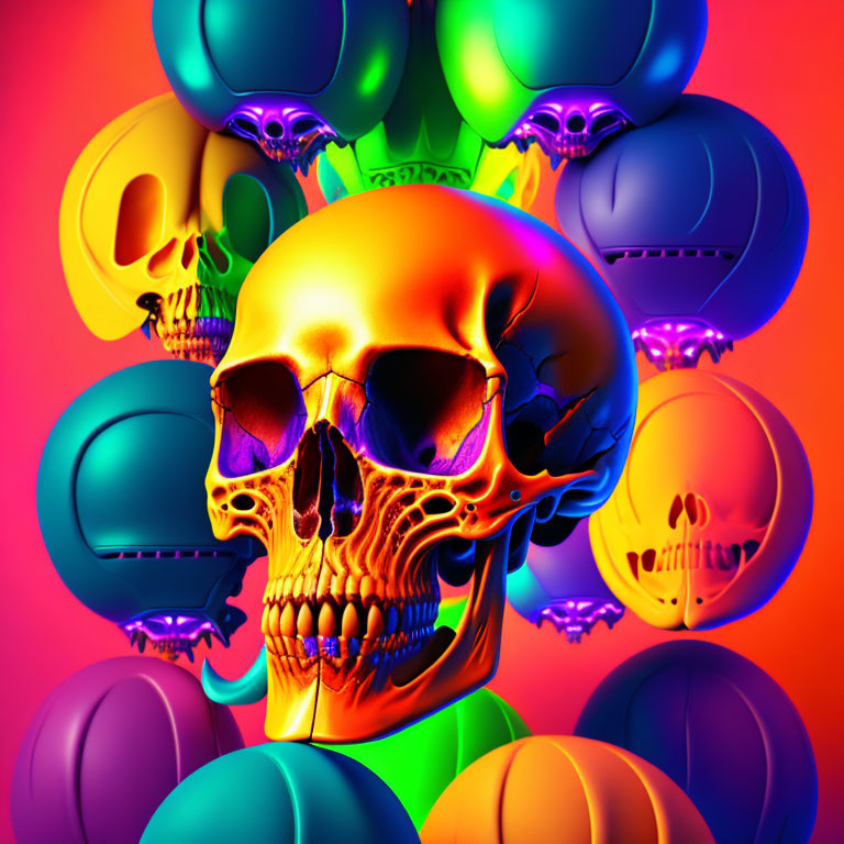 Colorful Skull Digital Artwork with Glowing Effect on Neon Background