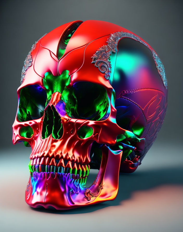 Colorful Skull with Metal Decor on Gray Background