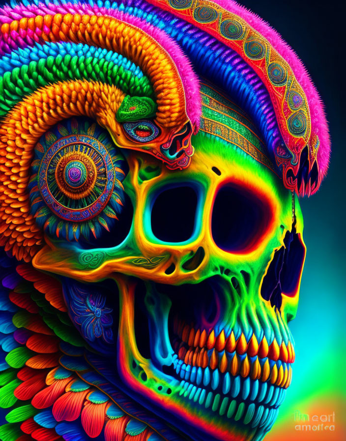 Colorful Skull Illustration with Psychedelic Patterns & Feathered Headdress