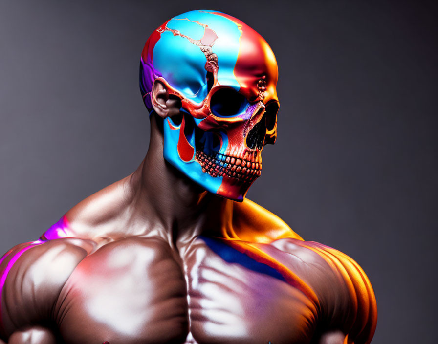 Muscular figure with multicolored skull on grey background