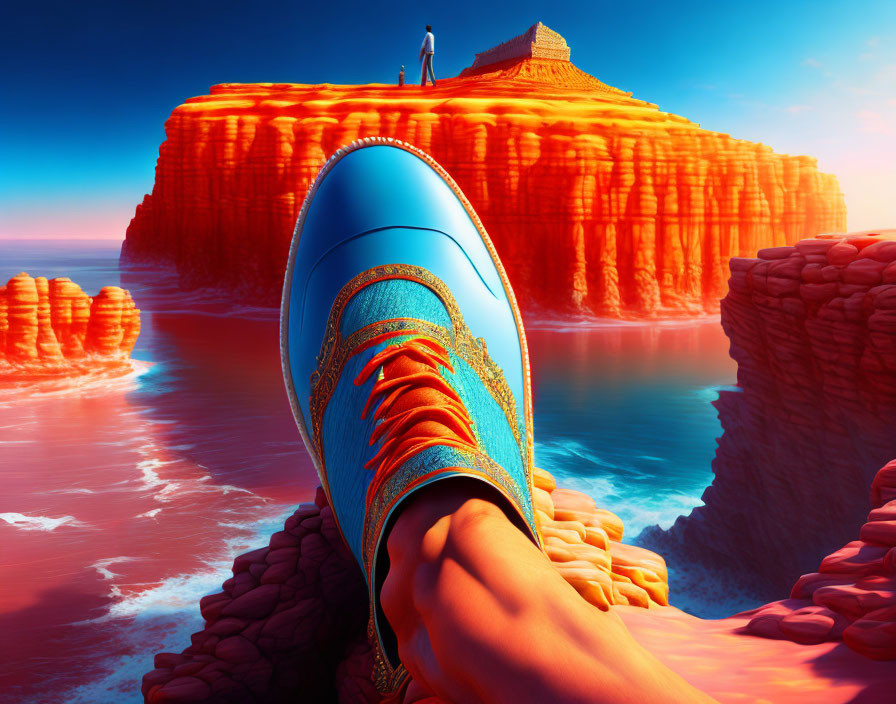 Person in Patterned Blue Shoes Gazing at Individual on Vibrant Orange Canyon