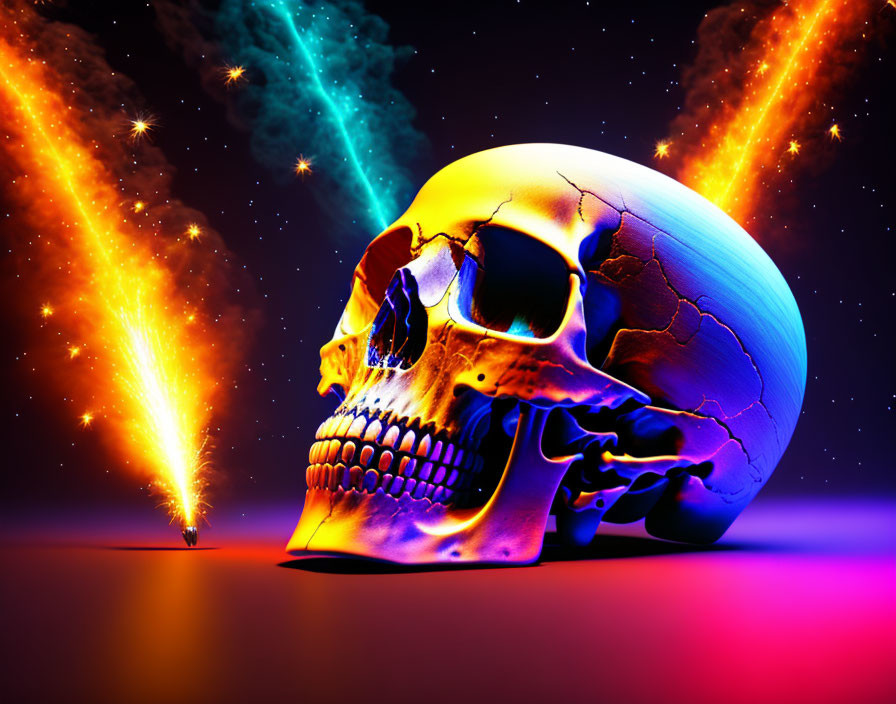 Colorful digital art: Glowing skull on cracked surface with fireworks and light beams