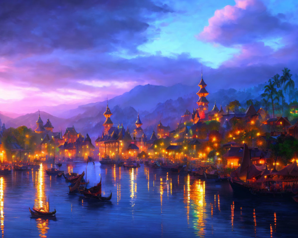 Traditional riverside village at dusk with glowing lights and calm water.