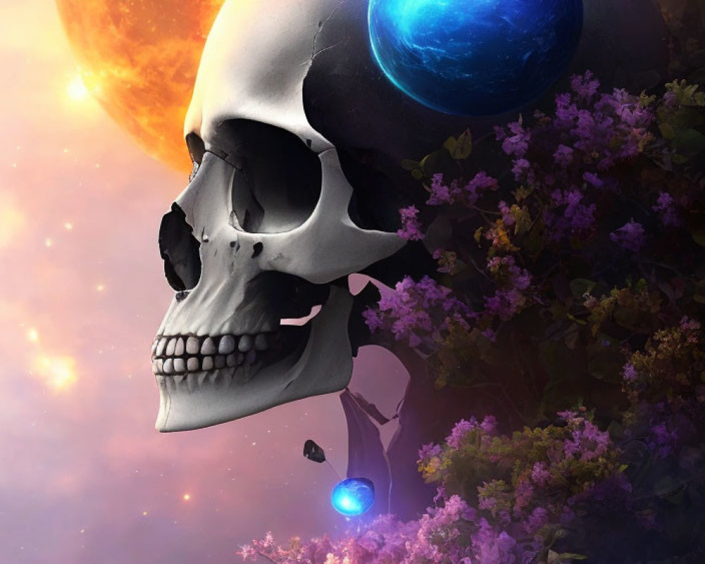 Surreal human skull with planet eyes in blooming flower setting