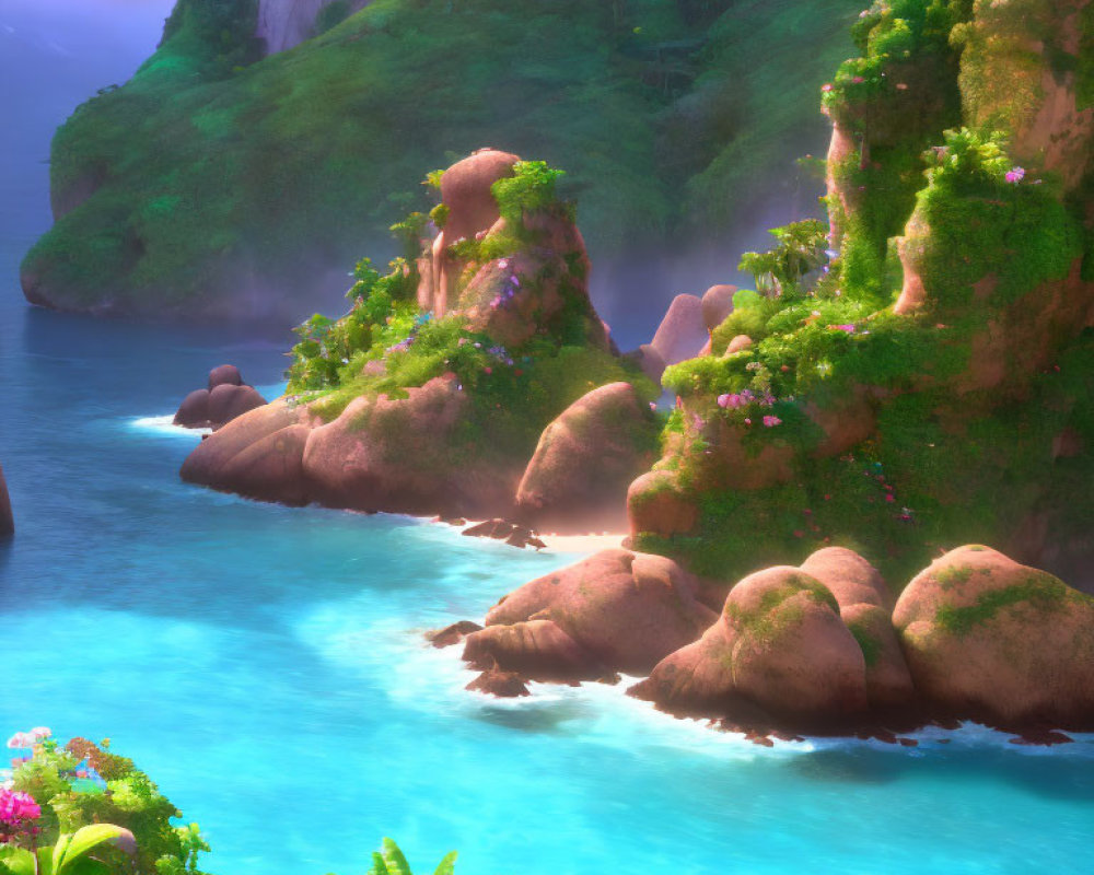 Serene turquoise sea with lush green cliffs and mossy rocks