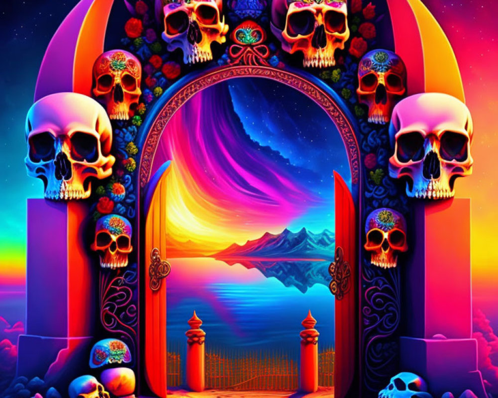 Colorful archway with skulls under starry sky & sunrise/sunset over mountainous landscape by the
