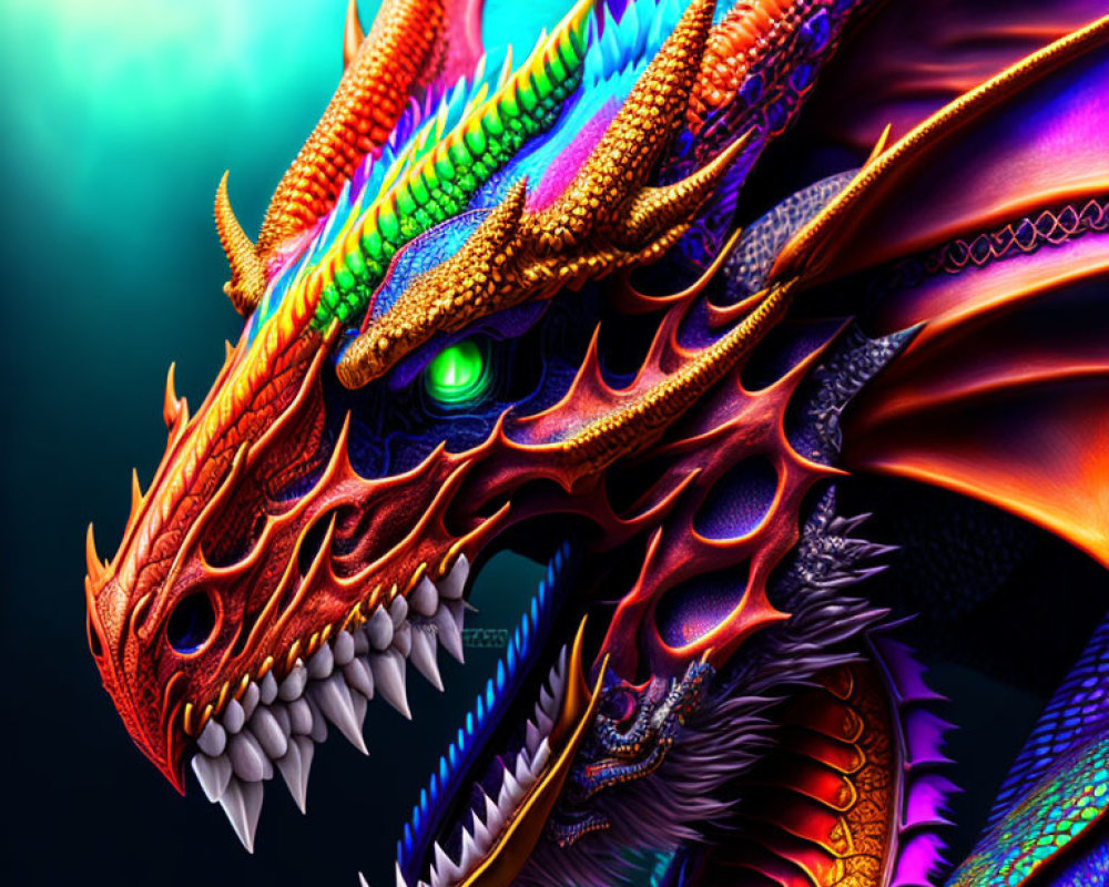 Colorful Dragon Artwork with Glowing Green Eyes on Dark Background