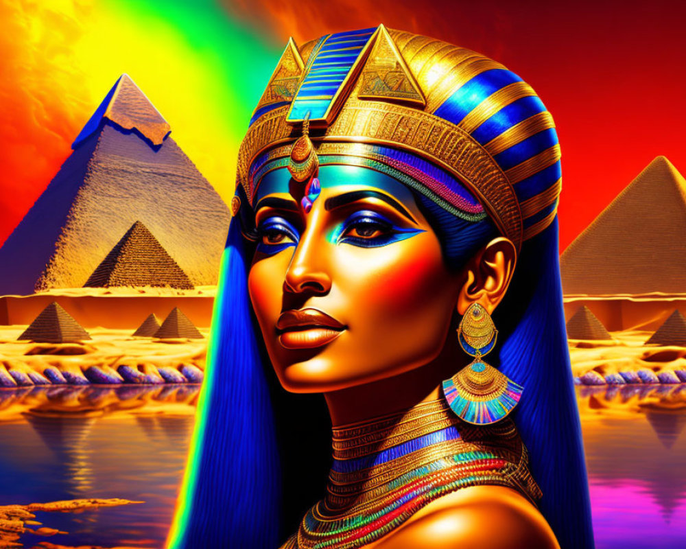 Digital Artwork of Egyptian Queen with Headdress and Pyramids in Fiery Sunset