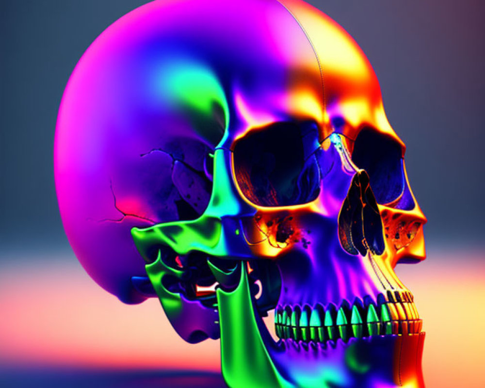 Colorful Human Skull with Purple to Green Gradient on Muted Background