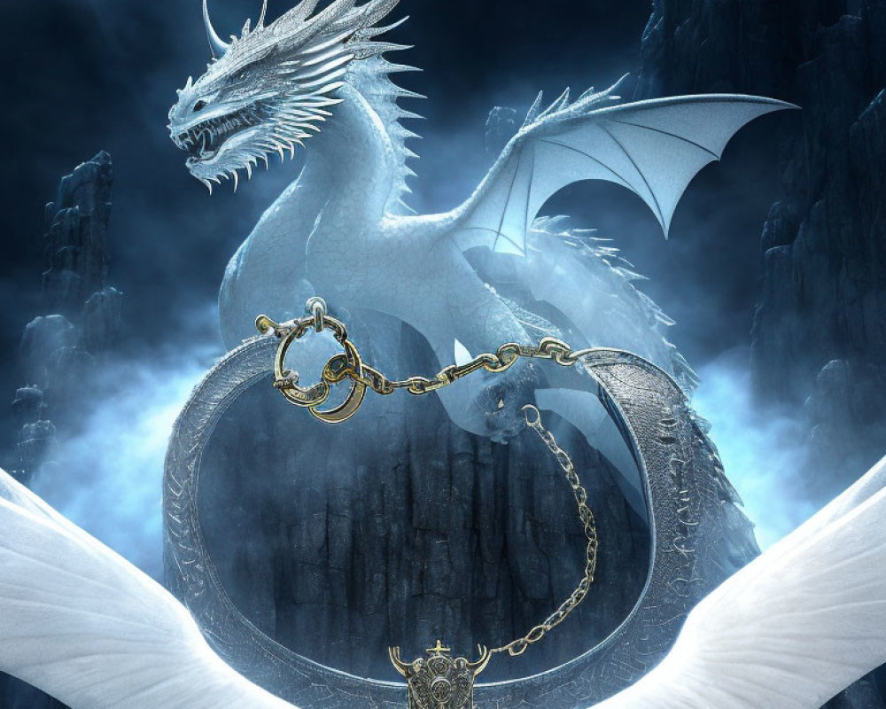White Dragon with Golden Chain in Misty Mountain Scene